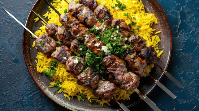Traditional chelo kebab with grilled lamb and saffron rice on deep blue backdrop