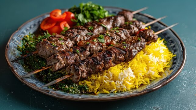 Juicy chelo kebab with lamb skewers on saffron rice served on deep blue wallpaper