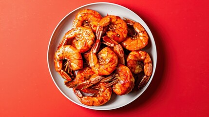 Malaysian sambal udang shrimp cooked in chili paste on a bright red backdrop