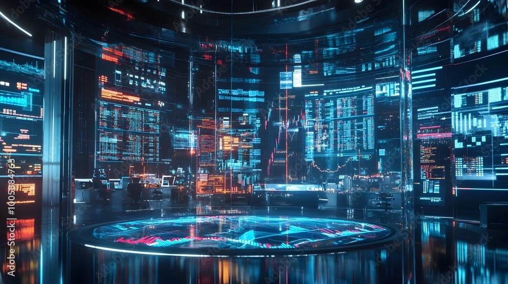 Poster transparent holographic interface showcasing virtual market data and financial analytics in a futuri