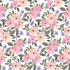 Seamless floral pattern, liberty ditsy print, abstract delicate ornament. Romantic botanical design: small pink flowers, tiny leaves, simple bouquets of mini hand drawn plants. Vector illustration.