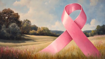 A striking pink ribbon representing the breast cancer awareness movement is meticulously rendered with intricate folds and curves in a oil painting technique