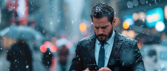 Professional Man in Suit Using Smartphone in Snowy City