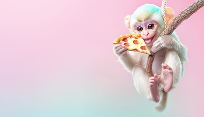 Obraz premium A happy monkey holding a pizza slice with a big smile on a gradient pastel purple and yellow background.