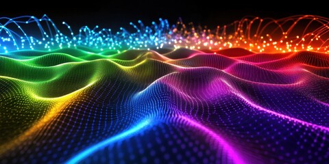 colorful lines and dots on a black background