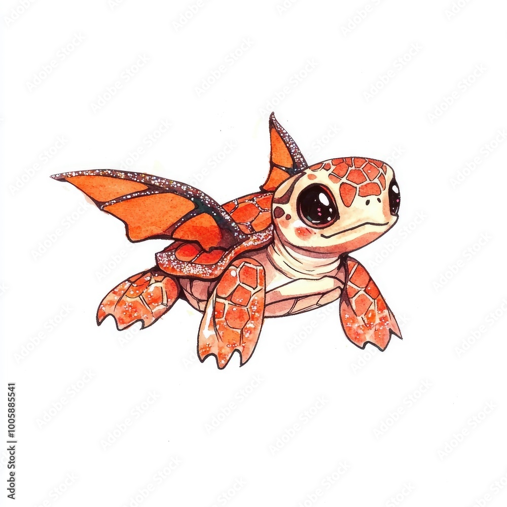 Wall mural Cute Cartoon Flying Turtle with Orange Wings