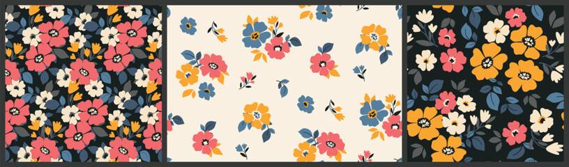 Seamless floral pattern, simple decorative ditsy print, abstract nature ornament of hand drawn plants. Botanical design: daisy flowers, small leaves, bouquets in folk art motif. Vector illustration.