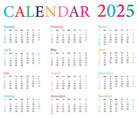 Colorful Calendar 2025. Calendar 2025 Vector Design. 2025 Calendar Template and Images. Monthly Calendar. Daily Planner