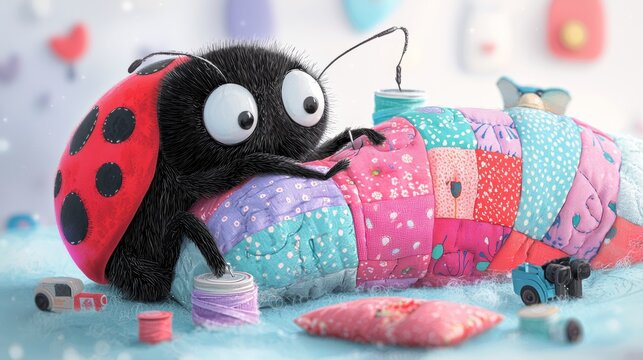 A delightful ladybug working on a sewing project, with her quilted wings showcasing intricate patchwork designs, adding the finishing touches to her quilt.
