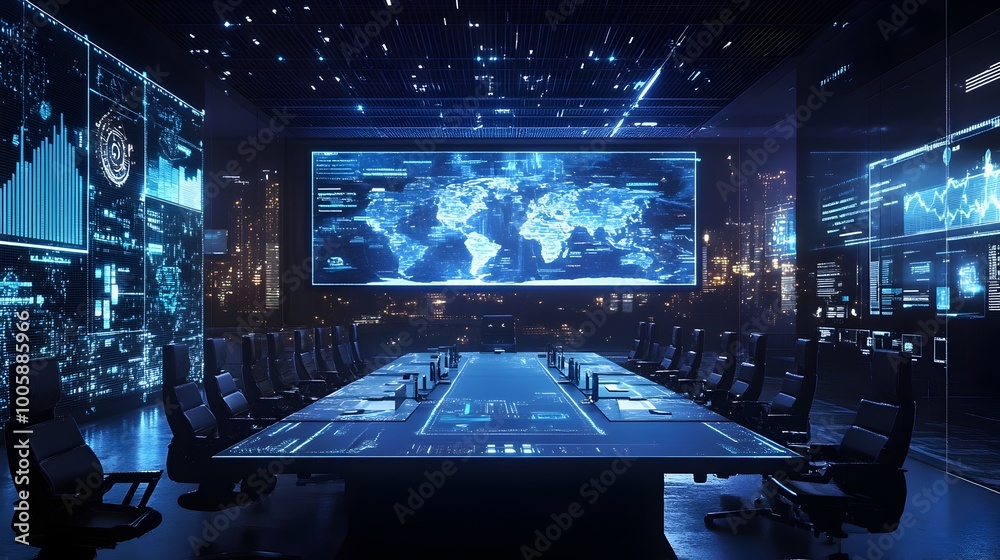 Poster futuristic corporate boardroom setting with augmented reality screens displaying data visualization 