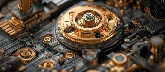 Obraz premium Close-Up of Intricate Gold and Black Mechanical Gears in a Modern Industrial Setting