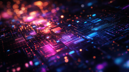 Obraz premium Vibrant digital abstract background featuring glowing lines and particles in shades of blue, purple, and orange, creating futuristic and dynamic atmosphere