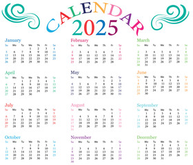 2025 Calendar Template. Colorful Calendar 2025. Calendar 2025 Vector Design