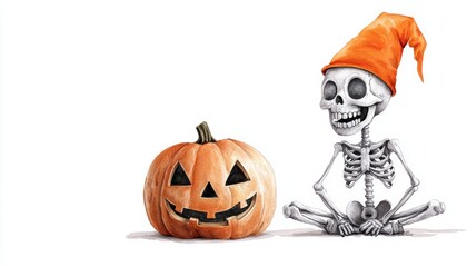 A happy skeleton wearing an orange hat, sitting next to a carved pumpkin, bringing a lighthearted and festive touch to the Halloween season.
