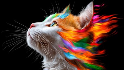 A majestic cat with a kaleidoscope of vibrant colors flowing through its fur, each hue blending seamlessly into the next, radiating energy and life.