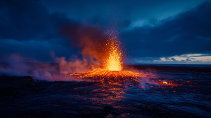 Fototapeta premium A volcano is erupting in the middle of a dark sky. The lava is orange and the sky is cloudy