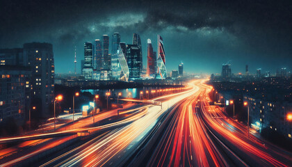 Fototapeta premium A vibrant night cityscape with fast-moving lights from cars and buildings illuminated against a starry sky. The scene captures the pulse of a bustling modern city at night