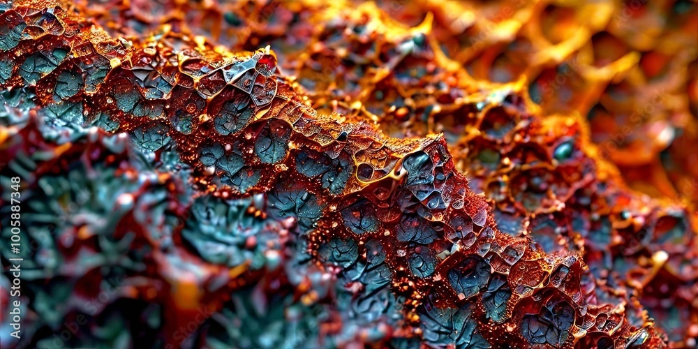 Poster a close up of a red and blue plant with a fuzzy texture