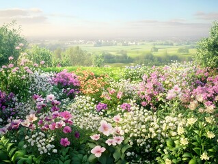 Obraz premium Flourishing flower garden showcasing an array of delicate blooms in full vibrant splendor set against a picturesque countryside vista with verdant greenery and a pastoral tranquil atmosphere