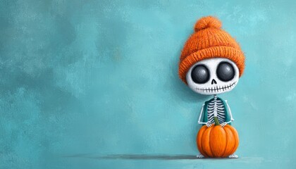 A playful skeleton with oversized black eyes and a big grin, wearing a cozy orange hat and holding a glowing pumpkin, perfect for a lighthearted Halloween vibe.