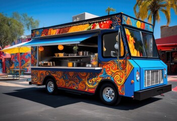 vivid eye catching food truck exterior design featuring dynamic blend bright colors bold artwork elements, vibrant, graphics, vehicle, mural, theme