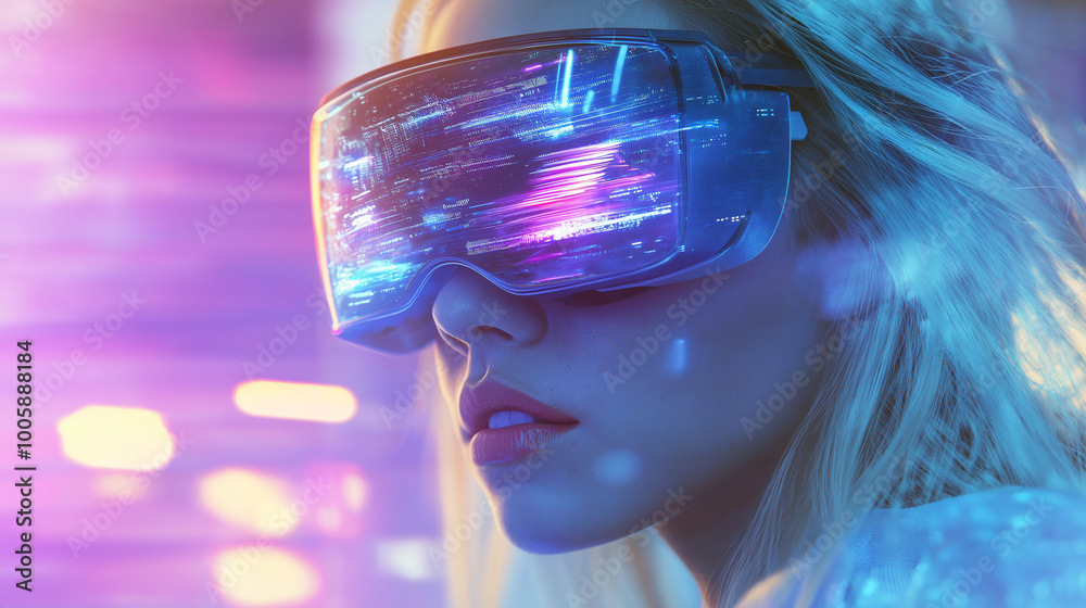 Poster beauty girl in hi-tech vr glasses with elements of artificial intelligence. background in a high-tec