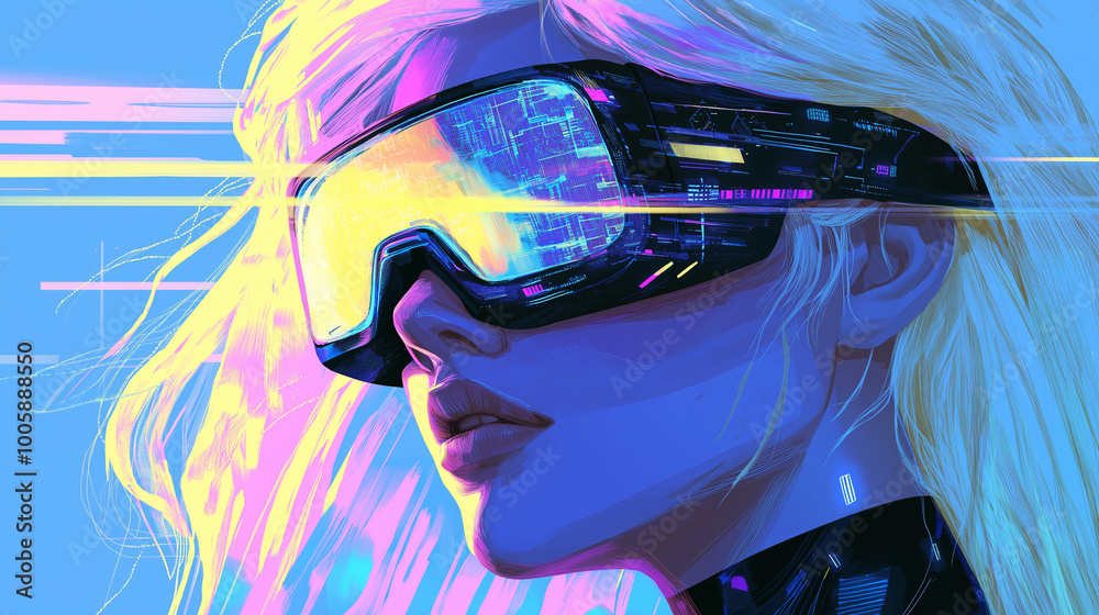 Poster beauty girl in hi-tech vr glasses with elements of artificial intelligence. background in a high-tec
