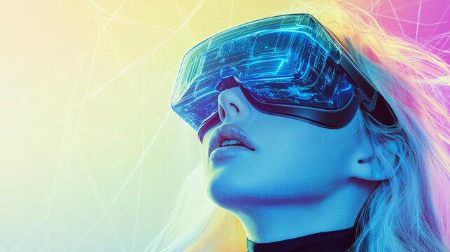 Beauty girl in hi-tech VR glasses with elements of artificial intelligence. Background in a high-tech style. Shining lines and patterns resembling neural networks, connections, and digital circuits.
