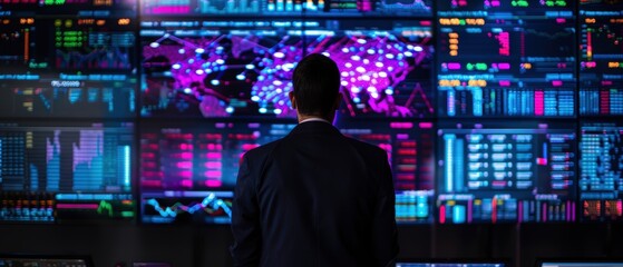 Businessman Analyzing Data in Front of Digital Screens
