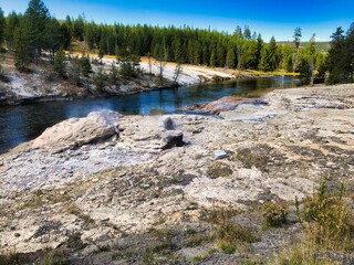 Mortar Geyser on the Firehole River in the Upper Geyser Basin in Yellowstone National Park in Wyoming.