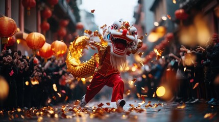 Chinese New Year Lion Dance in Festive Street