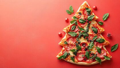Delicious pizza decorated like christmas tree for party on red background