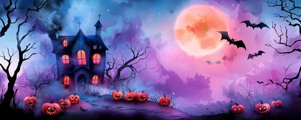 A whimsical Halloween night scene with a haunted house featuring jack-o'-lantern windows, pumpkins lining the path, and bats flying under a glowing orange moon.