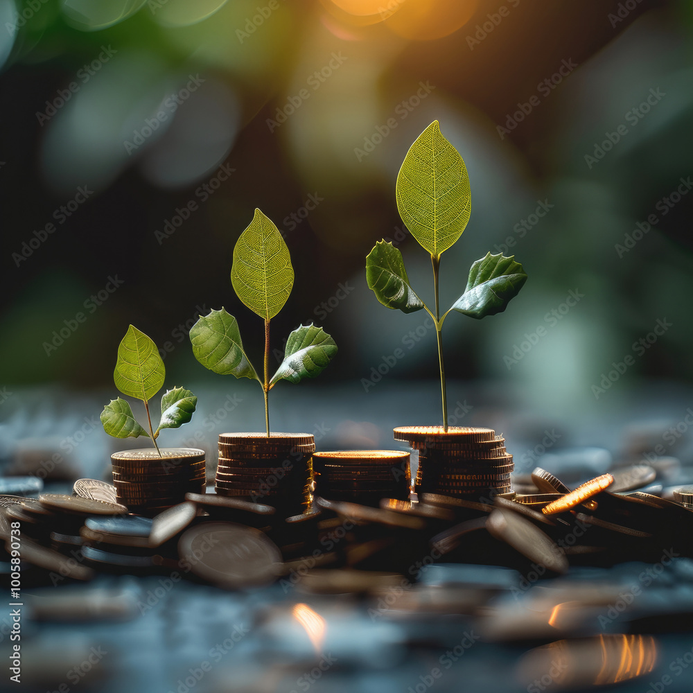 Poster A chart showing compound interest at work, Display exponential growth with reinvested earnings year after year. tree plant on a pile of coins.