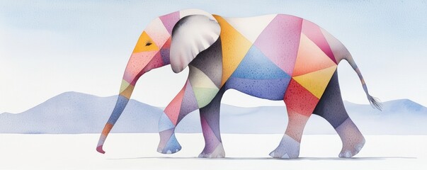 An abstract, geometric elephant walking through the plains, its body covered in angular patterns and earthy colors, symbolizing natures harmony.