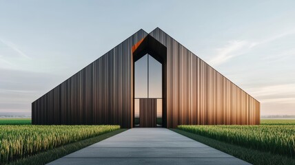 Minimalist modern rural house with wooden panels and large open spaces functional architecture in a natural setting