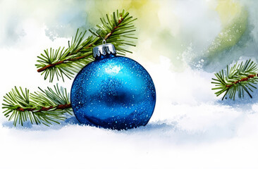 Blue Christmas ornament on a fir tree branch on a background of snow. A New Year's or Christmas card.