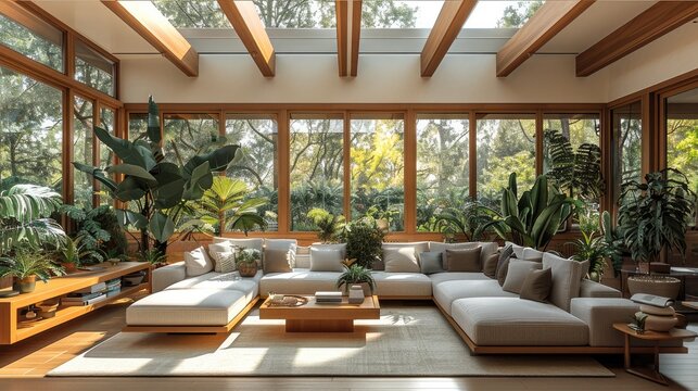 A living room full of plants, mid century, modern furniture, lots of windows, skylights, hardwood, wood beams.