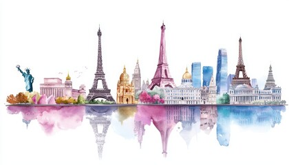 An artistic blend of international landmarks in one skyline, featuring iconic structures from major cities around the world.