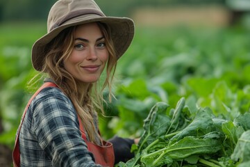 A woman in a field of green vegetables smiles at the camera