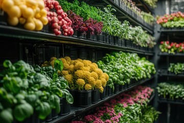 A vibrant display of fresh herbs and vegetables in pots, showcasing a variety of colors and textures in a market setting.