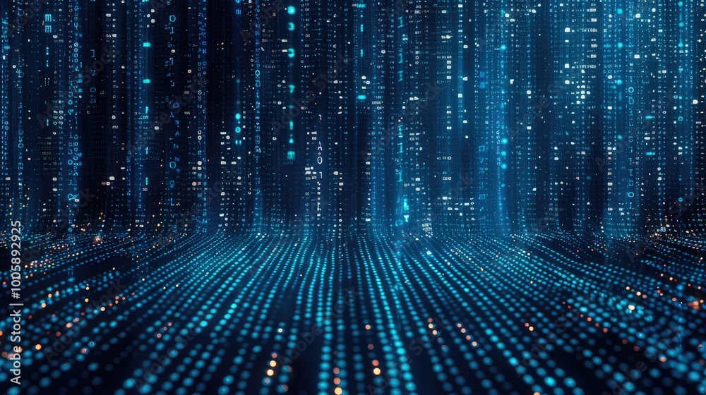Aufkleber illustration of code compiling like the matrix background from top down, blue colored lines, dark ba