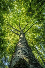 Majestic View of a Towering Tree with Lush Green Canopy Extending Toward the Sky