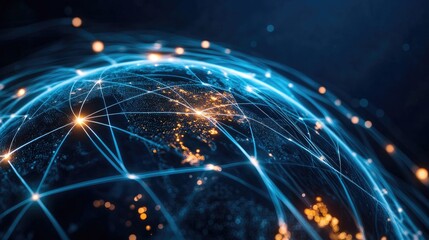 Obraz premium A stunning visualization of Earth's interconnected networks, showcasing glowing lines and vibrant lights that symbolize global communication.