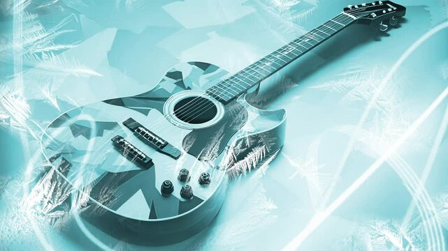 Electric guitar with a frosty effect and music notes. Seamless looping 4k time-lapse virtual video background