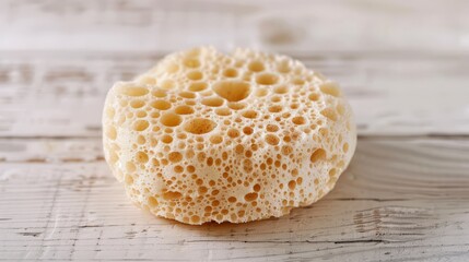 A natural loofah sponge, on a light wooden surface