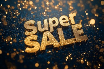 Fototapeta premium Golden super sale text with sparkling confetti scattered on a dark, glittery background