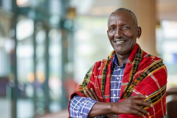 Obraz premium Portrait of successful senior Maasai businessman consultant looking at camera and smiling inside modern office building , background blur