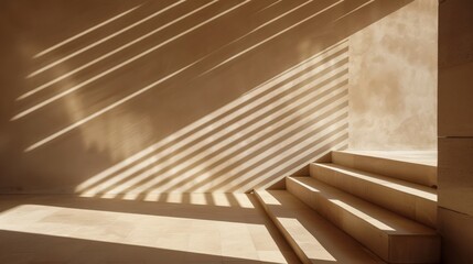 Fototapeta premium The image shows a minimalist, warm-toned interior space with strong shadows creating geometric patterns