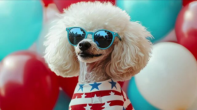 white bichon dog wearing blue sunglasses and stars and stripes scarf with US flag themed blue and red balloons with stars 4th of July